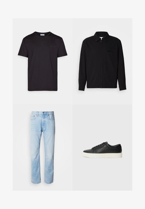 Camisa preta de manga longa com gola, fecho frontal com zíper e bolso no peito. Feita de um tecido texturizado com um corte descontraído.; Camiseta preta de mangas curtas feita de algodão suave, com decote redondo e uma etiqueta de logotipo discreta no peito. Design simples e minimalista.; Jeans de ganga azul clara com corte reto, apresentando seções desbotadas, design de cinco bolsos e um fecho clássico com botão.; Sneakers de couro preto com textura perfurada, bico redondo e sola de borracha branca plana. Apresenta atacadores pretos e um logótipo discreto na lateral.