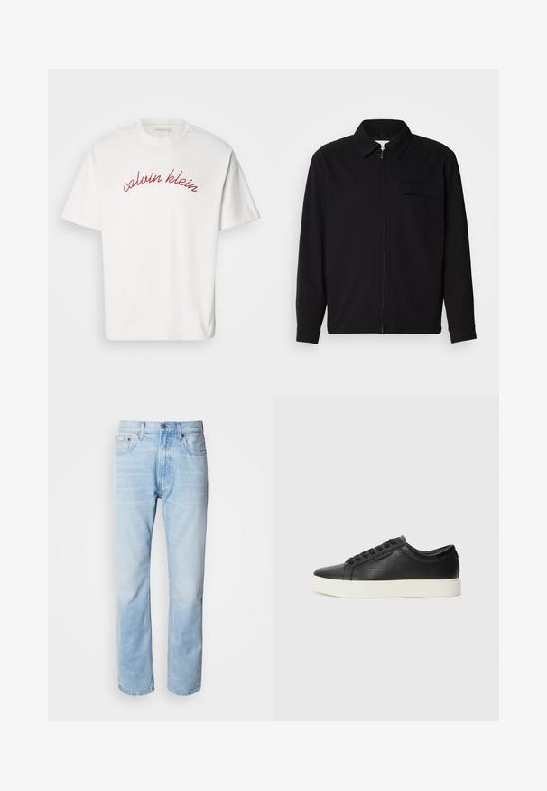 Juodas ilgomis rankovėmis marškinis, turintis apykaklės iškirptę, priekinį užtrauktuką ir krūtinės kišenę. Pagamintas iš tekstūruoto audinio, turinčio laisvą kirpimą.; Balta medvilninė marškinėliai su trumpomis rankovėmis, su išlenktu raudonu siuvinėtu tekstu "calvin klein" per krūtinę. Klasikinio apvalaus kaklo dizainas.; Šviesiai mėlyni džinsai su tiesiomis kojomis, puošti išblukusių vietų, penkių kišenių dizainu ir klasikiniu mygtukų užsegimu.; Juodi odiniai sportbačiai su perforuotu paviršiumi, apvaliu pirštu ir plokščiu baltu guminiu padu. Yra juodos raišteliai ir subtili logotipo detalė šone.