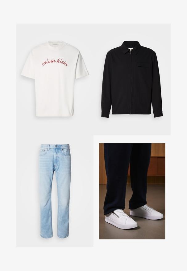 Svart langermet skjorte med krage, frontlås og brystlomme. Laget av teksturert stoff med en avslappet passform.; Hvit bomulls t-skjorte med korte ermer og bueformet rød brodert tekst "calvin klein" over brystet. Klassisk crew neck-design.; Lyseblå denimjeans med strak benkutt, med falmede seksjoner, femlommerdesign og en klassisk knappestol.; Hvite joggesko med en glatt lærfinish, flat såle og snøring. Sidelommer med glidelås gir funksjonalitet. Kombinert med mørke joggebukser.