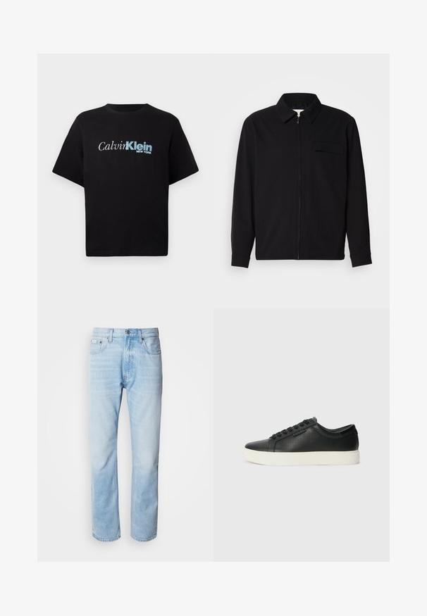 Černá dlouhá rukávová košile s límečkem, předním zipovým uzávěrem a kapsou na hrudi. Vyrobená z texturované tkaniny s uvolněným střihem.; Černé tričko s krátkým rukávem s logem "Calvin Klein New York" v bílé a modré barvě umístěným na hrudi na jednoduchém pozadí.; Světle modré džíny s rovnou nohavicí, s vybledlými částmi, pěti kapsami a klasickým zapínáním na knoflík.; Černé kožené tenisky s perforovanou texturou, kulatou špičkou a plochou bílou gumovou podrážkou. Mají černé tkaničky a jemné logo na boční straně.