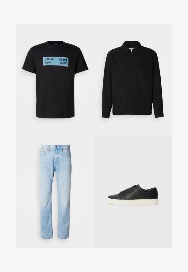 Must valgade varrukatega must särk, millel on krae, ees tõmbluku sulgemine ja rinna tasku. Valmistatud tekstuurilisest kangast ning mugav lõige.; Must kollane puuvillane T-särk, mille esispind on kaunistatud julge sinise ja musta tekstiga: "CALVIN NEW KLEIN YORK". Klassikaline ümar kaelaots, lühikesed varrukad.; Heledad sinine denimhääl, sirge sääre lõikega, millel on pleekinud osad, viie tasku disain ja klassikaline nööbivärk.; Must have perforatsiooniga mustad nahast tossud, ümar varvas ja lame valge kummist tald. Omab musti paelu ja diskreetset logo küljel.
