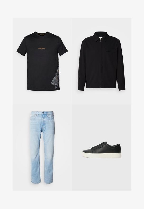 Melna garām piedurknēm krekls ar apkakles izgriezumu, priekšējo rāvējslēdzēju un krūšu kabatu. Izgatavots no teksturēta auduma ar brīvu piegriezumu.; Melnas īsām piedurknēm t-krekls ar "icebreaker" tekstu oranžā krāsā uz krūšu daļas un balto topogrāfisko karti apakšējā labajā stūrī.; Gaiši zili denima džinsi ar taisnu kāju griezumu, ar izbalējušām sekcijām, piecu kabatu dizainu un klasisko pogu aizdari.; Melnas ādas sporta kurpes ar perforētu tekstūru, apaļu purngalu un plakanu baltu gumijas zoli. Ar melniem šņorējumiem un smalku logo sānos.