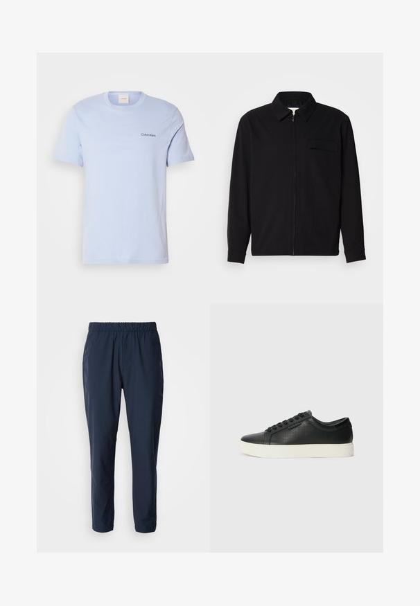 Juodas ilgomis rankovėmis marškinis, turintis apykaklės iškirptę, priekinį užtrauktuką ir krūtinės kišenę. Pagamintas iš tekstūruoto audinio, turinčio laisvą kirpimą.; Šviesiai mėlynas medvilnės marškinėliai trumpomis rankovėmis, su apvaliu kaklu ir mažuoju juodu "Calvin Klein" logotipu kairėje krūtinės pusėje. Paprastas dizainas.; Tamsiai mėlynos, lengvos kelnės su elastiniu juosmeniu, siaurėjančiomis kojomis ir dviem šoninėmis kišenėmis. Pagamintos iš glotnaus, patvaraus audinio.; Juodi odiniai sportbačiai su perforuotu paviršiumi, apvaliu pirštu ir plokščiu baltu guminiu padu. Yra juodos raišteliai ir subtili logotipo detalė šone.