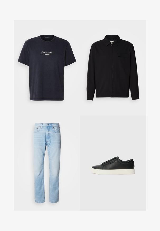 Melna garām piedurknēm krekls ar apkakles izgriezumu, priekšējo rāvējslēdzēju un krūšu kabatu. Izgatavots no teksturēta auduma ar brīvu piegriezumu.; Tumši zila kokvilnas t-krekls ar īsām piedurknēm, apaļu izgriezumu un baltu "Calvin Klein Jeans" logo uz krūtīm.; Gaiši zili denima džinsi ar taisnu kāju griezumu, ar izbalējušām sekcijām, piecu kabatu dizainu un klasisko pogu aizdari.; Melnas ādas sporta kurpes ar perforētu tekstūru, apaļu purngalu un plakanu baltu gumijas zoli. Ar melniem šņorējumiem un smalku logo sānos.