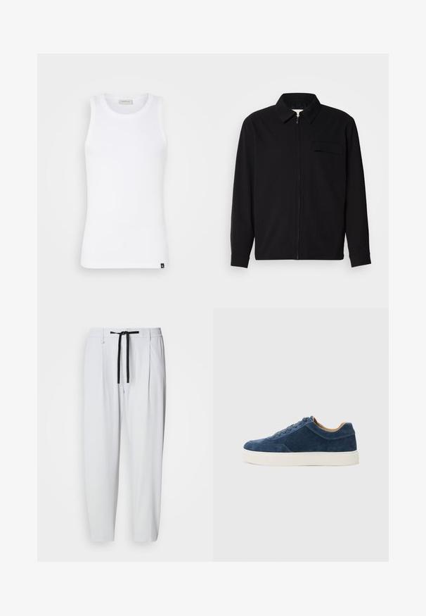 Fekete, hosszú ujjú póló, gallérral, elülső cipzárral és mellzsebbel. Texturált anyagból készült, laza szabású.; Fehér ujjatlan trikó, bordázott anyagból, kerek nyakkivágással és kis logócímkével az alján. Sima textúra és testhez simuló fazon.; Fehér, tapered szabású nadrág fekete húzózsinórral, elasztikus derékpánttal, oldalsó zsebekkel és övbújtatókkal, sima háttér előtt kiemelve.; Kék velúr sportcipő fehér gumitalppal, fűzős kivitel, kerek orral, és kontrasztos barna belső résszel. Finom varrási részletek.