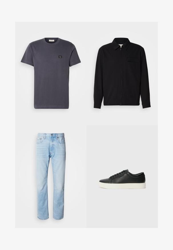 Černá dlouhá rukávová košile s límečkem, předním zipovým uzávěrem a kapsou na hrudi. Vyrobená z texturované tkaniny s uvolněným střihem.; Tmavě šedé bavlněné tričko s kulatým výstřihem, krátkými rukávy a malou černou nášivkou poblíž levého hrudníku. Texturovaný, minimalistický design.; Světle modré džíny s rovnou nohavicí, s vybledlými částmi, pěti kapsami a klasickým zapínáním na knoflík.; Černé kožené tenisky s perforovanou texturou, kulatou špičkou a plochou bílou gumovou podrážkou. Mají černé tkaničky a jemné logo na boční straně.