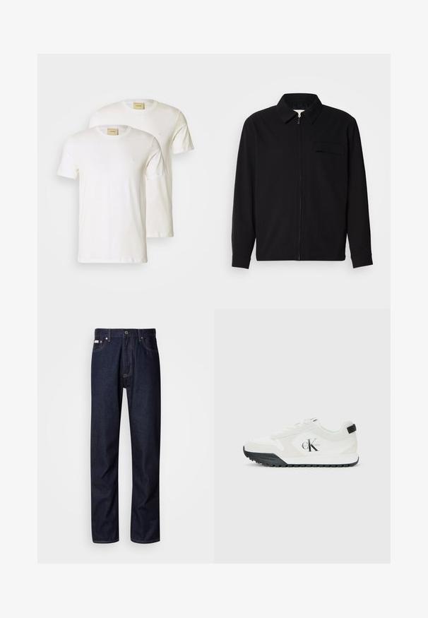 Černá dlouhá rukávová košile s límečkem, předním zipovým uzávěrem a kapsou na hrudi. Vyrobená z texturované tkaniny s uvolněným střihem.; Bílé bavlněné trička s krátkým rukávem, kulatým výstřihem a malým logem na hrudi, vystavené v balení po dvou. Hladká textura.; Tmavomodré džínové kalhoty se střihováním rovného nohavice, s knoflíkovým zapínáním, pěti kapsami a kontrastním prošíváním.; Bílé tenisky Calvin Klein s černou podešví, semišovými a síťovinovými panely, logo CK na boku a branding Calvin Klein na patě a podešvi.