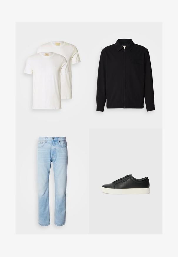 Čierna košeľa s dlhým rukávom, so golierom, predným zipsom a vreckom na hrudi. Vyrobená z textúrovanej tkaniny s voľným strihom.; Biele bavlnené tričká s krátkymi rukávmi, okrúhlym výstrihom a malým logom na hrudi, predávané v balení po dvoch. Hladká textúra.; Svetlomodré džínsy s rovnými nohavicami, s vybledlými časťami, dizajnom s piatimi vreckami a klasickým zapínaním na gombíky.; Čierne kožené tenisky s perforovanou textúrou, okrúlym špičkou a plochou bielou gumovou podrážkou. Obsahujú čierne šnúrky a diskrétny logo na boku.