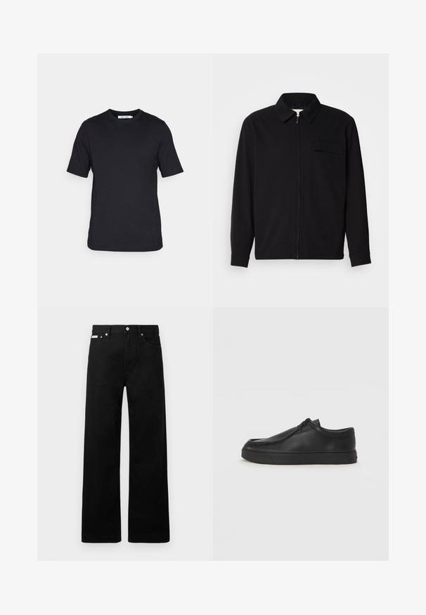 Zwarte lange mouwen shirt met een kraaghals, voorste rits sluiting en een borstzak. Gemaakt van een gestructureerde stof met een relaxte pasvorm.; Zwarte korte mouwen t-shirt van zachte stof, met een ronde halslijn en een rechte zoom, zonder patronen of zichtbare merkvermeldingen.; Zwarte spijkerbroek met een wijd uitlopende pasvorm, voorzien van vijf zakken en metallic knopen. Gladde textuur, geen zichtbare patronen.; Zwarte leren instapschoen met een ronde neus, gestikte details en een zwarte rubberen zool. Soepele textuur met een minimalistisch ontwerp.
