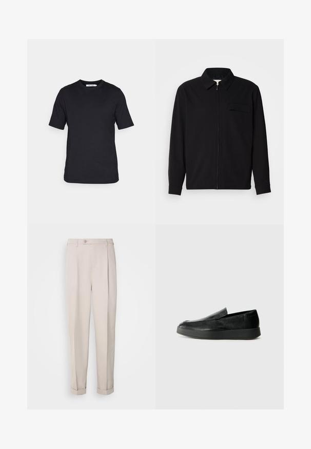 Černá dlouhá rukávová košile s límečkem, předním zipovým uzávěrem a kapsou na hrudi. Vyrobená z texturované tkaniny s uvolněným střihem.; Černé tričko s krátkým rukávem vyrobené z měkké tkaniny, s kulatým výstřihem a rovně střiženým lemem, bez vzorů nebo viditelného brandingu.; Béžové kalhoty z hladkého materiálu, s rovný střih, jednou plisovanou přední částí a ohrnutými manžetami. Obsahují přední zapínání na knoflík.; Calvin Klein HYBRID CUP - Polobotky - triple black