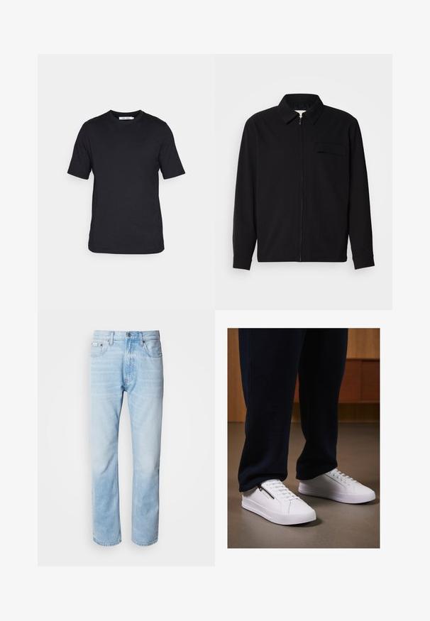 Svart langermet skjorte med krage, frontlås og brystlomme. Laget av teksturert stoff med en avslappet passform.; Svart kortermet t-skjorte laget av myk stoff, med rund hals og rettsnitt nederst, uten mønstre eller synlig merke.; Lyseblå denimjeans med strak benkutt, med falmede seksjoner, femlommerdesign og en klassisk knappestol.; Hvite joggesko med en glatt lærfinish, flat såle og snøring. Sidelommer med glidelås gir funksjonalitet. Kombinert med mørke joggebukser.