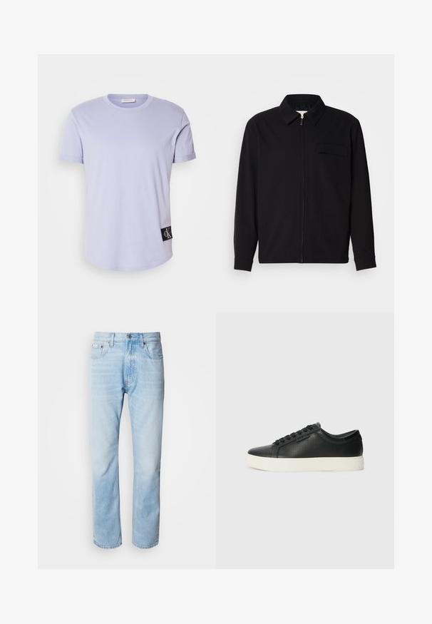 Černá dlouhá rukávová košile s límečkem, předním zipovým uzávěrem a kapsou na hrudi. Vyrobená z texturované tkaniny s uvolněným střihem.; Světle fialové bavlněné tričko s krátkým rukávem, kulatým výstřihem a černou nášivkou loga v dolním levém rohu. Hladká textura a jednoduchý design.; Světle modré džíny s rovnou nohavicí, s vybledlými částmi, pěti kapsami a klasickým zapínáním na knoflík.; Černé kožené tenisky s perforovanou texturou, kulatou špičkou a plochou bílou gumovou podrážkou. Mají černé tkaničky a jemné logo na boční straně.