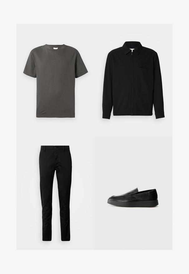 Juodas ilgomis rankovėmis marškinis, turintis apykaklės iškirptę, priekinį užtrauktuką ir krūtinės kišenę. Pagamintas iš tekstūruoto audinio, turinčio laisvą kirpimą.; Pilkos spalvos medvilninis marškinėliai su apvalia iškirpte ir trumpomis rankovėmis. Priekyje yra nedidelis, santūrus logotipas. Švelnus audinys ir klasikinis išpjaustymas.; Juodi aptemti kelnių, pagaminti iš lygaus audinio. Yra juosmens juosta su mygtuku ir tiesių kirpimų kojomis.; Calvin Klein HYBRID CUP - Įmautiniai batai - triple black