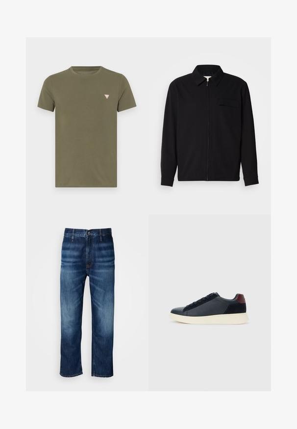 Fekete, hosszú ujjú póló, gallérral, elülső cipzárral és mellzsebbel. Texturált anyagból készült, laza szabású.; Olíva zöld, rövid ujjú pamut póló, amelyen egy kis piros és fehér háromszög logó található a bal mellrészen.; Sötétkék, egyenes szárú farmernadrág enyhe kopással a comboknál és gombos záródással a deréknál, fehér háttér előtt.; Fekete bőr és velúr alacsony szárú férfi sneaker, bordó sarokpanellel és fehér gumi talppal, oldalnézetből.