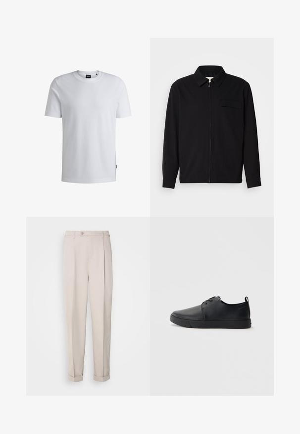 Black long-sleeve shirt featuring a collared neckline, front zip closure, and a chest pocket. Made of textured fabric with a relaxed fit.; White short-sleeve T-shirt made of textured fabric, featuring a round neckline and a small logo tag on the side.; Beige trousers made of smooth fabric, featuring a straight fit, single pleat, and rolled cuffs. Includes a front button closure.; Black leather sneaker with a smooth finish, rounded toe, tonal stitching, lace-up front, and a flat rubber sole. Loop at the heel.
