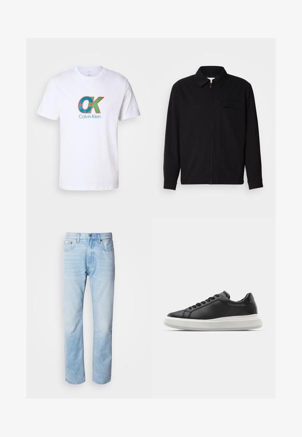 Black long-sleeve shirt featuring a collared neckline, front zip closure, and a chest pocket. Made of textured fabric with a relaxed fit.; White cotton T-shirt featuring a bold graphic in red and turquoise with "OK" and "Calvin Klein" text at the center. Short sleeves.; Light blue denim jeans with a straight leg cut, featuring faded sections, five-pocket design, and a classic button fly.; Black leather sneaker with a smooth finish, white rubber sole, rounded shape, six eyelets for laces, and subtle branding on the heel.
