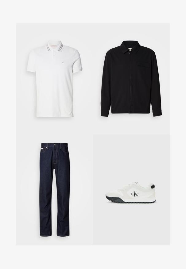 Čierna košeľa s dlhým rukávom, so golierom, predným zipsom a vreckom na hrudi. Vyrobená z textúrovanej tkaniny s voľným strihom.; Biela polo košeľa vyrobená z bavlny, s dvojitým patentom, so šedým pruhovaným golierom a malým vyšívaným logom na ľavej strane hrudníka.; Tmavomodré jeans z denimu so strihom s rovnými nohavicami, obsahujúce zapínanie na gombíky, päť vreciek a kontrastné stehy.; Biele tenisky Calvin Klein s čiernou podrážkou, semišovými a sieťovinovými panelmi, logo CK na boku a značkovanie Calvin Klein na päte a podrážke.