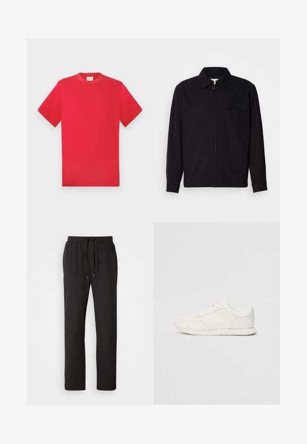 Fekete, hosszú ujjú póló, gallérral, elülső cipzárral és mellzsebbel. Texturált anyagból készült, laza szabású.; Piros, kerek nyakú pamut póló. Rövid ujjú, egyszínű, középen finom márkázással. Puha tapintású és klasszikus fazonú.; Fekete sportcipő nadrág könnyű anyagból, rugalmas derékkal, állítható húzózsinórral és oldalsó zsebekkel. Sima textúra.; Fehér sneaker hálós és szintetikus felsőrésszel, kerek orral, lapos fűzőkkel és textúrázott oldalsávval. Gumi talp hátul húzófüllel.