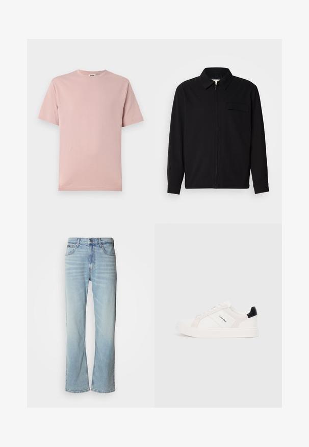 Camisa negra de manga larga que presenta un cuello con solapa, cierre frontal con cremallera y un bolsillo en el pecho. Fabricada con una tela texturizada y un corte holgado.; Camiseta de algodón rosa claro con cuello redondo clásico y mangas cortas. Textura suave y corte recto, con elementos de diseño mínimos.; Jeans de mezclilla azul claro con corte recto, que cuentan con cinco bolsillos, un cierre de botón y un ligero desvanecimiento en la tela.; Zapatillas blancas con acentos en rosa claro y negro, que presentan paneles de cuero suave y gamuza, punta redonda y suela plana de goma.