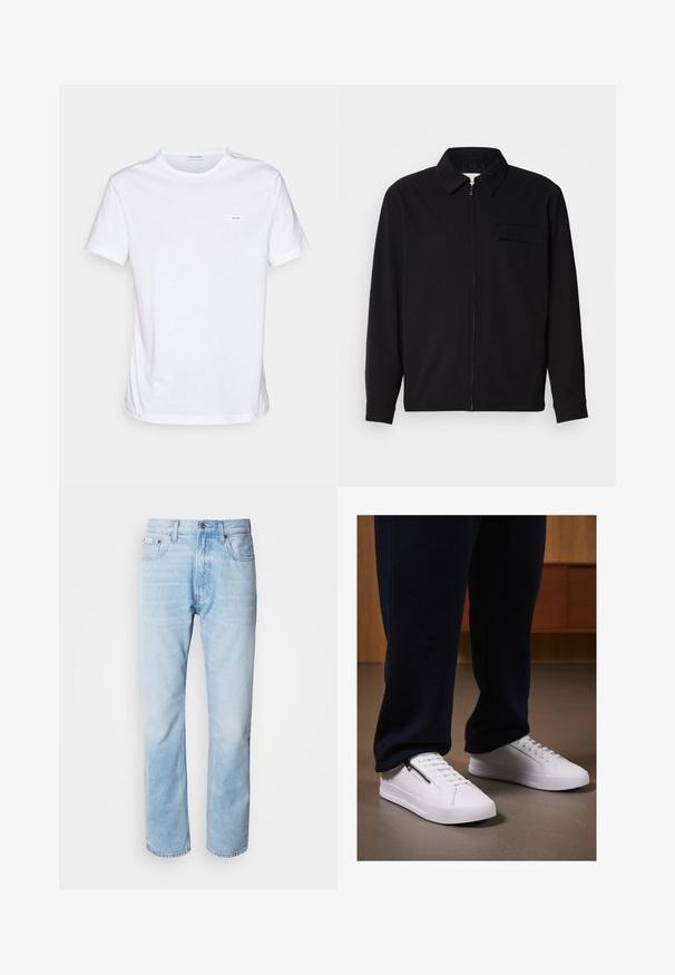 Black long-sleeve shirt featuring a collared neckline, front zip closure, and a chest pocket. Made of textured fabric with a relaxed fit.; White cotton t-shirt with short sleeves, crew neckline, and a small branded label on the chest. Smooth texture and minimalist design.; Light blue denim jeans with a straight leg cut, featuring faded sections, five-pocket design, and a classic button fly.; White sneakers with a smooth leather finish, flat sole, and lace-up design. Side zipper detail adds functionality. Paired with dark joggers.