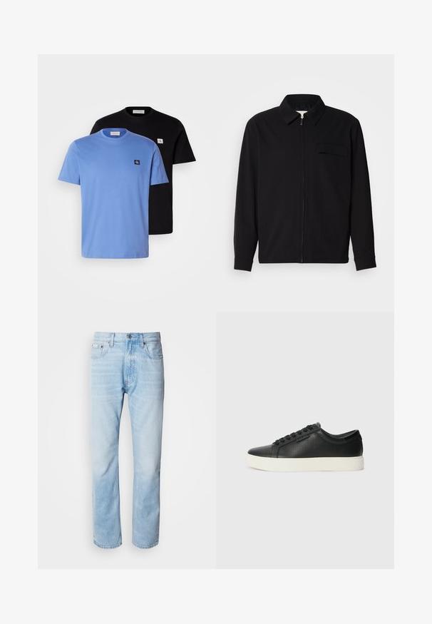 Melna garām piedurknēm krekls ar apkakles izgriezumu, priekšējo rāvējslēdzēju un krūšu kabatu. Izgatavots no teksturēta auduma ar brīvu piegriezumu.; Divas divas kokvilnas T-krekli, viens gaiši zilas krāsas un otrs melnas, ar apaļiem kakla izgriezumiem un maziem logo uzlīmes krūtī. Gluda tekstūra.; Gaiši zili denima džinsi ar taisnu kāju griezumu, ar izbalējušām sekcijām, piecu kabatu dizainu un klasisko pogu aizdari.; Melnas ādas sporta kurpes ar perforētu tekstūru, apaļu purngalu un plakanu baltu gumijas zoli. Ar melniem šņorējumiem un smalku logo sānos.