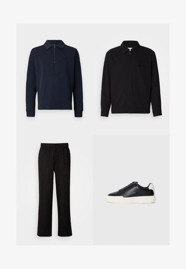 Svart langermet skjorte med krage, frontlås og brystlomme. Laget av teksturert stoff med en avslappet passform.; Marineblå langermet polo skjorte med halv glidelås og lite merke-logo på venstre bryst.; Svart bukser med avslappet passform, laget av lett stoff. Har elastisk midjebånd, knapplukking og to frontlommer.; Svart lær sneakers med hvit gummisåle. Har rund tå, snøring og logo detalj på siden. Bakakcent i hvitt.