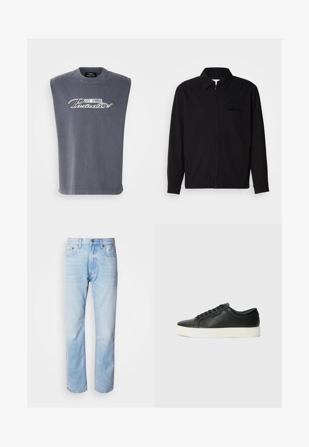 Maglietta nera a maniche lunghe con colletto, chiusura frontale con zip e taschino sul petto. Realizzata in tessuto testurizzato con una vestibilità rilassata.; T-shirt grigia senza maniche in morbido tessuto, con scollatura rotonda e un design stampato con la scritta "CITY SUMMER Paradise" in bianco.; Jeans in denim blu chiaro con taglio dritto, caratterizzati da sezioni sbiadite, design a cinque tasche e iconico bottone di chiusura.; Sneaker nere in pelle con texture perforata, punta tonda e suola piatta in gomma bianca. Presentano lacci neri e un logo discreto sul lato.