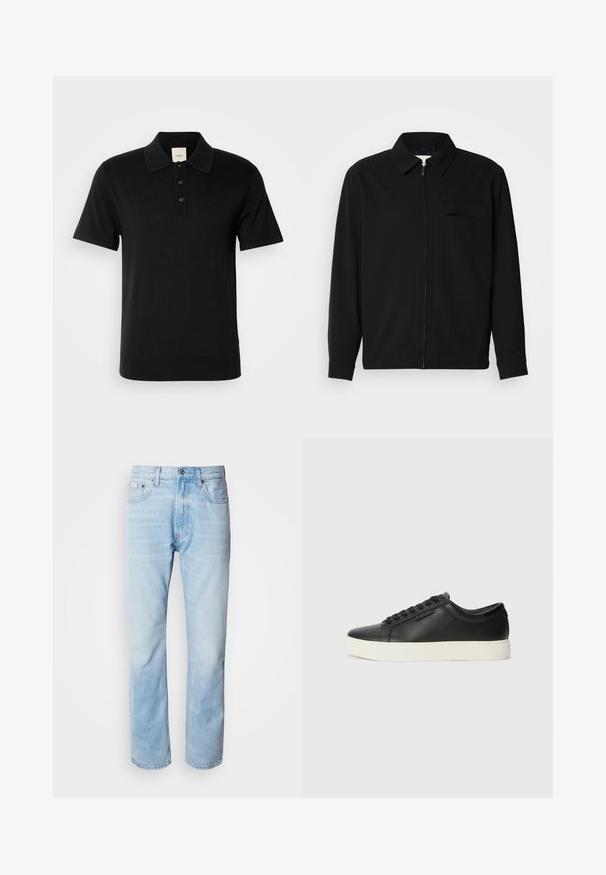 Svart långärmad skjorta med krage, framfickslås och bröstficka. Tillverkad av strukturerad tyg med avslappnad passform.; Svart pikétröja i bomullsblandning, med klassisk krage, plagg med tre knappar och subtil logodetalj på bröstet.; Ljusblå denimjeans med rak benprofil, som har blekta sektioner, femficksdesign och en klassisk knäppning.; Svarta lädersneakers med perforerad textur, rund tå och platt vit gummisula. Har svarta snören och en diskret logotyp på sidan.