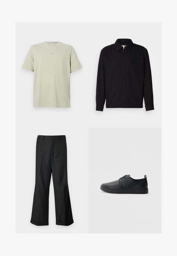 Camisa negra de manga larga que presenta un cuello con solapa, cierre frontal con cremallera y un bolsillo en el pecho. Fabricada con una tela texturizada y un corte holgado.; Camiseta de algodón verde clara con cuello redondo, mangas cortas y un pequeño logo de Calvin Klein en una tonalidad más oscura impreso en el pecho.; Pantalones anchos negros con cintura abotonada y dobladillos con puños, exhibidos sobre un fondo blanco liso.; Zapatilla negra de cuero con acabado suave, punta redondeada, costuras a tono, cordones en la parte delantera y suela de goma plana. Asa en el talón.