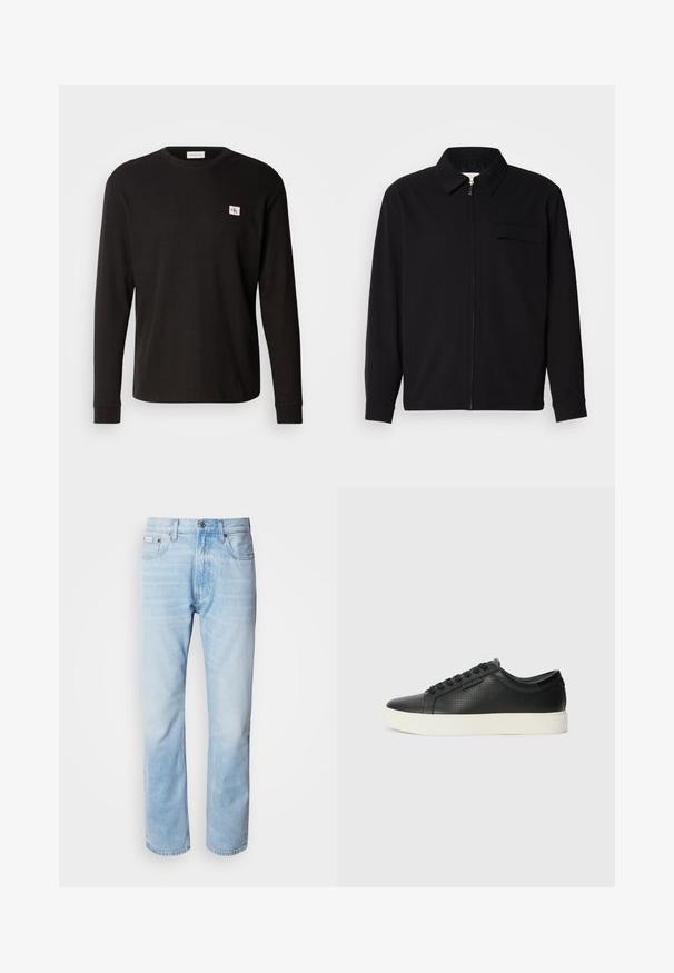 Black long-sleeve shirt featuring a collared neckline, front zip closure, and a chest pocket. Made of textured fabric with a relaxed fit.; Black long-sleeve ribbed shirt with a crew neckline. Features a small, rectangular logo patch on the left chest. Cotton material.; Light blue denim jeans with a straight leg cut, featuring faded sections, five-pocket design, and a classic button fly.; Black leather sneakers with perforated texture, round toe, and flat white rubber sole. Features black laces and a subtle logo on the side.