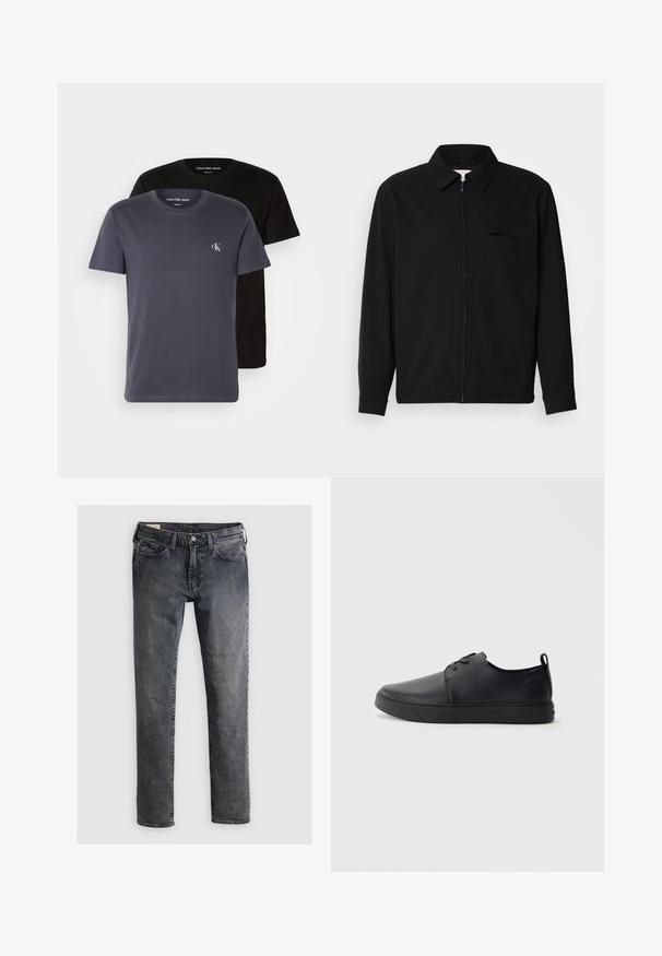 Črna dolgoročna majica z ovratnikom, sprednjim zadrgo in žepom na prsih. Narejena iz teksturirane tkanine z sproščenim krojem.; Dve bombažne majice: ena temno siva s majhnim belim logotipom "CK" na prsih in ena črna, obe s krožnim ovratnikom in kratkimi rokavi.; Temno indigo jeans iz denima, s straight leg dizajnom, petimi žepi in gumbom ter zadrgo za zapiranje.; Črne usnjene športne čevlje z gladko površino, okroglo oblikovano nosilo, toniranim šivanjem, vezanjem spredaj in ravnim gumijastim podplatom. Zanko na peti.