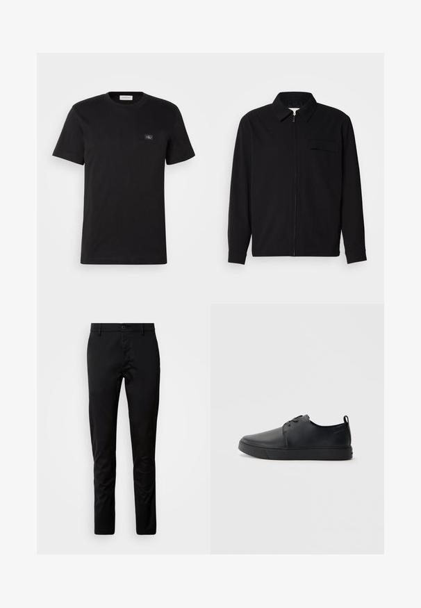 Svart langermet skjorte med krage, frontlås og brystlomme. Laget av teksturert stoff med en avslappet passform.; Svart bomulls-T-skjorte med rund hals, korte ermer og et lite logo-merke på venstre bryst. Glatt tekstur, klassisk passform.; Sorte bukser med slim fit, laget av glatt stoff. Har en livlinning med knappelukking og rettskårne ben.; Svart lær sneakers med glatt overflate, rund tå, tonede sømmer, snøring foran og flat gummisåle. Løkke på hælen.