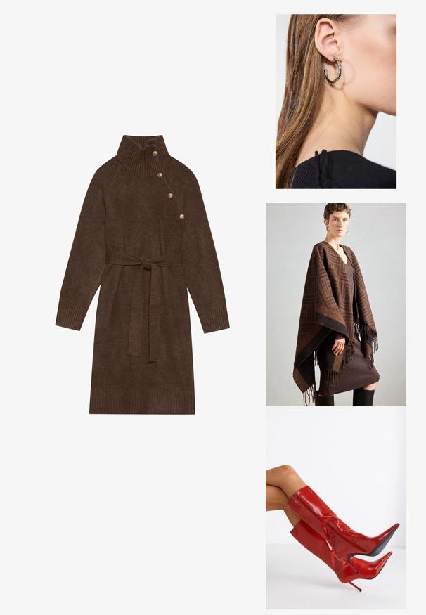 Poncho castanho com padrão e franjas, feito de tecido suave. Usado por cima de um vestido castanho canelado, com decote em V profundo e silhueta ajustada.; Vestido de malha castanho com gola alta canelada, botões laterais e um cinto de tecido combinando. As mangas e a barra caneladas acrescentam textura.; Botas vermelhas de alto brilho até a coxa com bico fino e salto agulha. Apresentam um fecho lateral e um acabamento liso e elegante.; Brinco de argola prateada com acabamento polido, apresentando pequenos detalhes em dourado e uma forma redonda, usado na orelha.