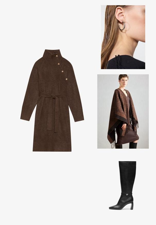 Brunt mønstrede poncho med frynser, lavet af blødt stof. Lagt over en ribbet brun kjole med dyb V-udskæring og tætsiddende silhuet.; Brun strikket sweaterkjole med høj ribbet krave, sidelukning og en matchende stofbælte. Ribbet manchetter og søm tilføjer tekstur.; Sorte læderknæhøje støvler med spids tå og tyk hæl. Har en rem med en cirkulær detalje ved anklen.; Sølv hoop ørestik med en poleret overflade, prydet med små guld accenter og en rund form, båret på øreflippen.