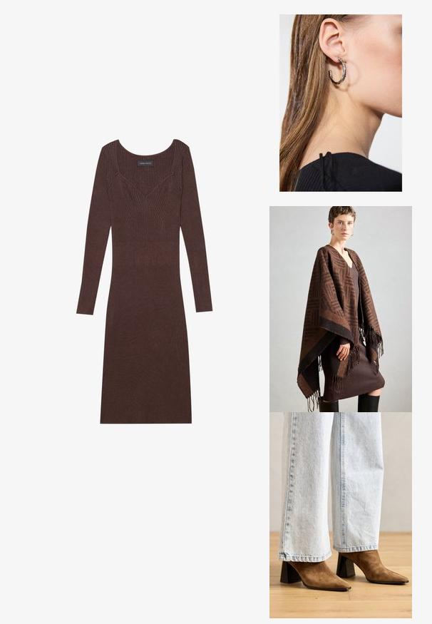 Brūns rakstains pončo ar franjām, izgatavots no mīkstas auduma. Valkāts virs ribota brūna kleitas, kurai ir dziļa V-veida kakla izgriezums un pieguļošs siluets.; Brūna ribota garām piedurknēm kleita ar apaļa kakla izgriezumu un pieguļošu siluetu. Iekļauj v-veida šuvju detaļas uz topa.; Brūni zamšādas potīšu zābaki ar norādītu purngalu, platu papēdi un gludu tekstūru, apvienoti ar gaiši ziliem platiem džinsiem.; Sudraba auskars ar pulētu apdari, ar maziem zelta akcentiem un apaļu formu, uz ausu ļipiņas.