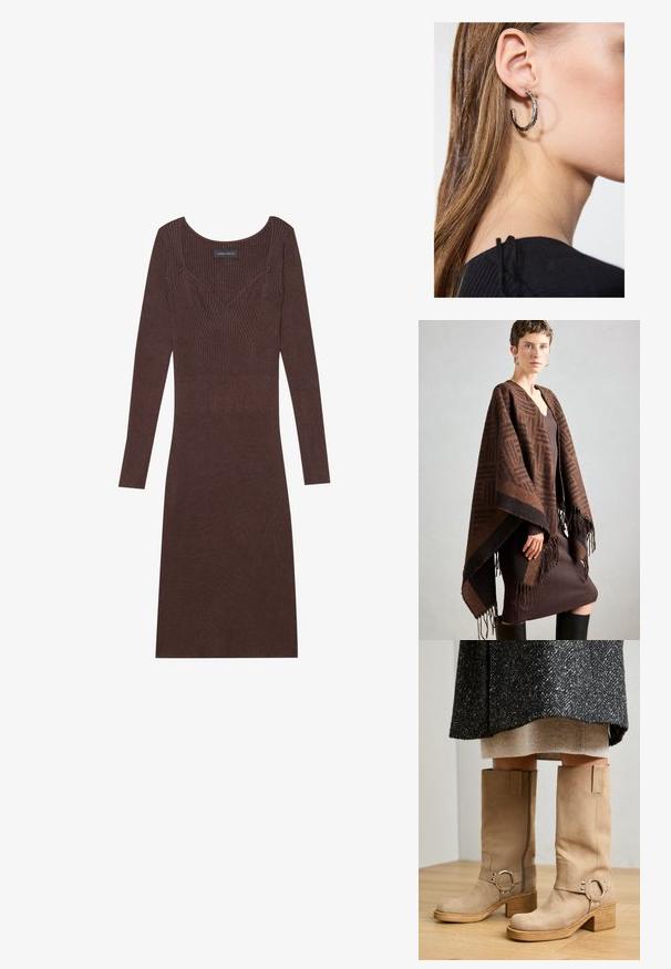 Poncho à motifs marron avec des franges, fabriqué en tissu doux. Superposé sur une robe marron côtelée, présentant un décolleté en V profond et une silhouette ajustée.; Robe longue à manches longues, côtelée et brune, avec un décolleté arrondi et une silhouette ajustée. Elle présente un détail de coutures en V sur le corsage.; Jeffrey Campbell REFLECTION - Bottes de cowboy / motard - sand; Boucle d'oreille en argent avec une finition polie, présentant de petits détails en or et de forme ronde, portée sur le lobe.
