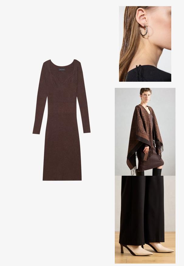 Hnědý vzorovaný pončo s třásněmi, vyrobené z měkké látky. Přes hnědou šaty s vlnkovaným vzorem, které mají hluboký výstřih do V a přiléhavý střih.; Hnědé žebrované šaty s dlouhým rukávem, kulatým výstřihem a přiléhavým střihem. Obsahují švy ve tvaru V na korzetu.; Béžové a černé lodičky s špičatou špičkou a elegantním designem, se zvýrazňující barevnou blokací a malým, robustním podpatkem.; Stříbrný kruhový náušník s lesklým povrchem, zdobený malými zlatými akcenty, v kulatém tvaru, nošený na lalůčku.