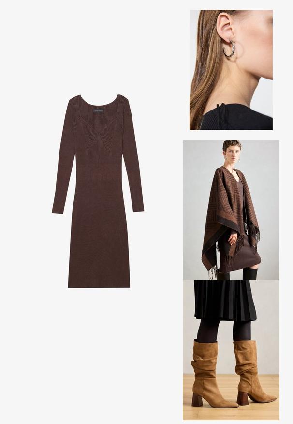 Poncho à motifs marron avec des franges, fabriqué en tissu doux. Superposé sur une robe marron côtelée, présentant un décolleté en V profond et une silhouette ajustée.; Robe longue à manches longues, côtelée et brune, avec un décolleté arrondi et une silhouette ajustée. Elle présente un détail de coutures en V sur le corsage.; Bottines en suédine marron, coupées à la cheville et à bouts pointus, avec des talons en bois empilés. Portées avec des collants noirs et une jupe noire plissée.; Boucle d'oreille en argent avec une finition polie, présentant de petits détails en or et de forme ronde, portée sur le lobe.