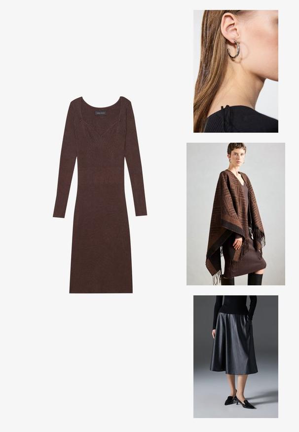 Hnědý vzorovaný pončo s třásněmi, vyrobené z měkké látky. Přes hnědou šaty s vlnkovaným vzorem, které mají hluboký výstřih do V a přiléhavý střih.; Hnědé žebrované šaty s dlouhým rukávem, kulatým výstřihem a přiléhavým střihem. Obsahují švy ve tvaru V na korzetu.; Černá kožená midi sukně s hladkým povrchem; má pásek a boční kapsy. Kombinováno s lesklými černými botami na podpatku.; Stříbrný kruhový náušník s lesklým povrchem, zdobený malými zlatými akcenty, v kulatém tvaru, nošený na lalůčku.