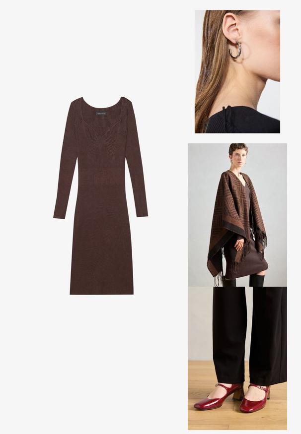 Hnedý vzorovaný pončo s třásněmi, vyrobené z měkké látky. Položené na hnědé šaty s jemným žebrováním, které mají hluboký V-výstřih a přiléhavý siluetu.; Hnedé rebrované šaty s dlhým rukávom a oválnym výstrihom, priliehajúceho strihu. Obsahuje V-športové šitie na korzete.; Červené lakované kožené Mary Jane lodičky so štvorcovou špičkou, pásikom cez priehlavok a nízkym blokovým podpätkom. Nosí sa s čiernymi nohavicami.; Strieborná kruhová náušnica s lesklým povrchom, obsahujúca malé zlaté akcenty a okrúhly tvar, nosená na lalôčiku ucha.