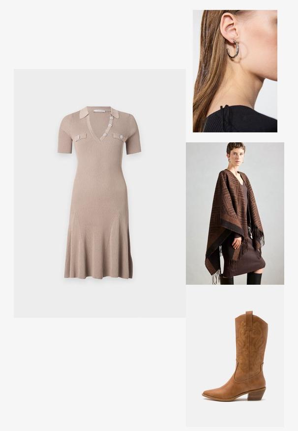 Brązowy ponczo w wzory z frędzlami, wykonane z miękkiego materiału. Nałożone na brązową sukienkę o prążkowanej strukturze, z głębokim dekoltem w kształcie litery V i dopasowanym krojem.; Sukienka dzianinowa w jasnym beżu, z dekoltem V, krótkimi rękawami i dekoracyjnymi guzikami. Rozkloszowany dół z pionowym prążkowanym wzorem i przednimi kieszeniami.; Brązowe skórzane kowbojki z wyciągniętym nosem, haftowanymi wzorami spiralnymi na cholewie oraz blokowym obcasem. Posiadają pętlę ułatwiającą zakładanie.; Srebrny kolczyk w kształcie koła z polerowanym wykończeniem, z małymi złotymi akcentami, noszony na płatku ucha.