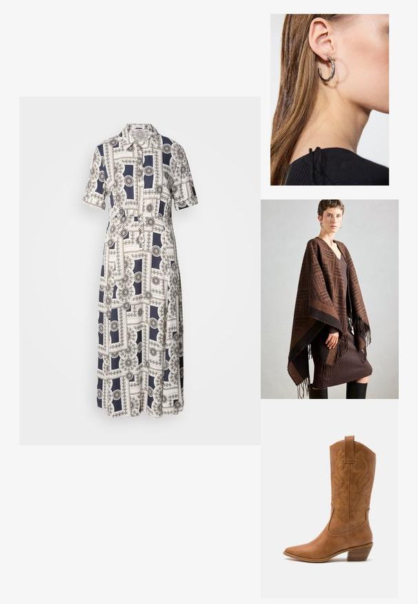 Brūns rakstains pončo ar franjām, izgatavots no mīkstas auduma. Valkāts virs ribota brūna kleitas, kurai ir dziļa V-veida kakla izgriezums un pieguļošs siluets.; Īsām piedurknēm, līdz ceļiem garš kleita ar ģeometrisku rakstu tumši zilā un krēma krāsā, ar pogām un apkakles kakla izgriezumu. Vieglas auduma.; Brūni ādas kovboju zābaks ar norādītu purngalu, izšūtām viļņveida apakšējo detaļu un sakrautajiem blokiem. Iezīmēts ar velkšanas cilpu ērtai uzvilkšanai.; Sudraba auskars ar pulētu apdari, ar maziem zelta akcentiem un apaļu formu, uz ausu ļipiņas.