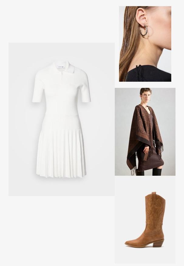 Braun gemusterter Poncho mit Fransen, aus weichem Stoff. Über einem ribbelten braunen Kleid getragen, das einen tiefen V-Ausschnitt und eine figurbetonte Silhouette hat.; Weißes geripptes Polokleid mit kurzen Ärmeln, Reißverschluss und schwingendem Rock. Glatte Textur mit dezentem Logo-Detail auf der Brust.; Braune Leder-Cowboy-Stiefel mit spitzem Zehenbereich, bestickten Wirbelmustern am Schaft und einem gestapelten Blockabsatz. Verfügt über einen Ziehriemen für das einfache Anziehen.; Silberne Creolen mit polierter Oberfläche, die kleine goldene Akzentdetails und eine runde Form aufweisen, am Ohrläppchen getragen.