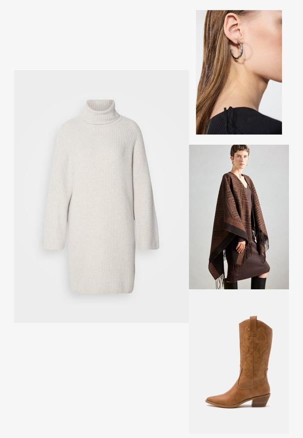 Barna mintás poncsó rojttal, puha anyagból készült. Egy bordázott barna ruhára van ráterítve, amely mély V-nyakkal és testhez simuló fazonnal rendelkezik.; Világosszürke bordázott kötött garbóruha hosszú ujjal és laza fazonban. Puha textúra és térd alá érő kivitel.; Barna bőr cowboy csizma hegyes orral, hímzett örvény mintákkal a szárán, és stílusos, réteges blokk sarokkal. Kihúzó füle segíti a könnyű felhúzást.; Ez egy ezüst fülbevaló, sima felülettel, amelyen apró arany díszítőelemek találhatók. Kerek formájú és a fülcimpán viselik.