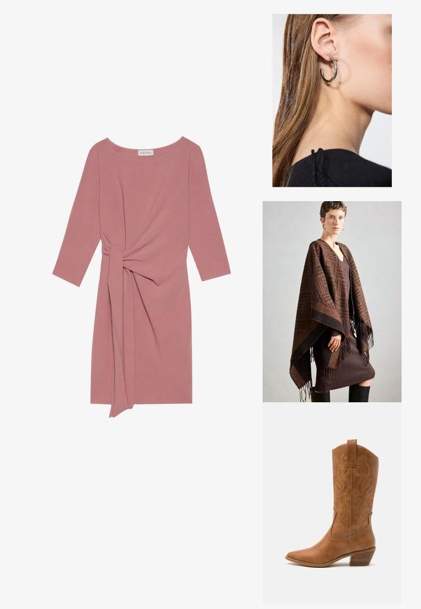 Rudas raštuotas puko su franjomis, pagamintas iš minkštos medžiagos. Uždėtas ant raukšlėto rudo suknelės, kuriai būdingas gilaus V formos iškirptė ir prigludęs siluetas.; Rožinė iki kelių suknelė su trijų ketvirčių rankovėmis, mazgu juosmens akcentu ir minkštos, tekstūruotos medžiagos. Apvalus iškirpimas, paprastas dizainas.; Ruda odinė kantri batai su smailiu būtų pirštu, siuvinėtais spiralės raštais ant viršaus ir su kamščiu blokuotu kulnu. Yra tamprių užtraukių, kad būtų lengviau užsidėti.; Sidabrinė lankinė auskarai su poliruotu paviršiumi, turintys mažus auksinius akcentus ir apvalią formą, dėvimi ant ausies kaušelio.