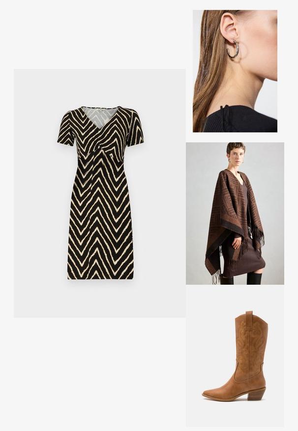 Poncho maro cu model și franjuri, realizat dintr-un material moale. Purtat peste o rochie maro cu dungi, cu decolteu adânc în V și siluetă ajustată.; Rochie cu mânecă scurtă, de culoare neagră, cu un model în zigzag crem, având decolteu în V și detalii pliate la bust, realizată dintr-un material moale.; Botă de cowboy din piele maro cu vârf ascuțit, cu modele brodate în spirală pe tambur și un toc bloc stratificat. Are o bucată pentru prindere pentru a fi îmbrăcată ușor.; Cercel din argint cu un finisaj polișat, având detalii mici din aur și o formă rotundă, purtat pe lobul urechii.