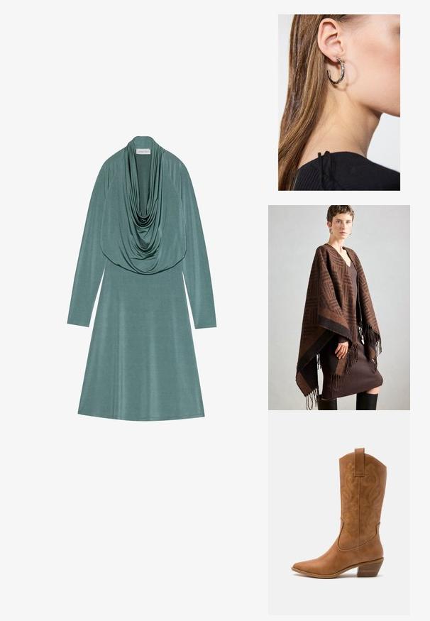 Pruun mustriga ponšo frintlidega, valmistatud pehmest kangast. Kihtide kaupa kantud ribaliselt pruuni kleidi üle, millel on sügav V-kaelus ja kehaümberpööratud siluett.; Kapuutsikaelusega kleit tuhmrohelisest kangast, pikkade varrukate ja laieneva siluetiga. Pehme, sile tekstuur, millel on kerge sära.; Kohvitooni nahast cowboy-kork, millel on terav varvas, tikitud keerised varrel ja virnastatud ploki konts. Omab tõmbeava, et seda oleks lihtne jalga panna.; Hõbedane rõngas kõrvarõngas poleeritud viimistlusega, millel on väikesed kuldsed aktsendid ja ümmargune kuju, kantud lobus.