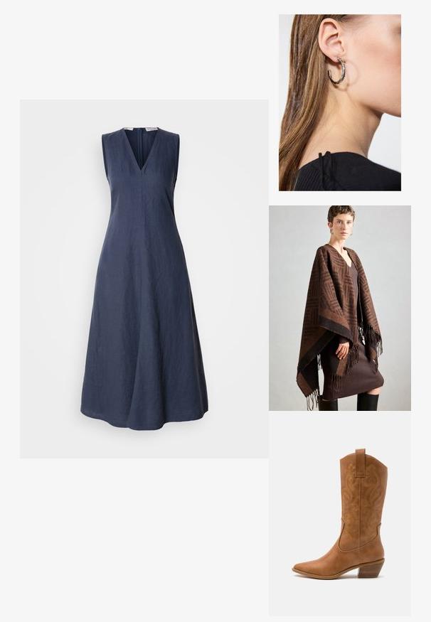 Brun mønstrete poncho med frynser, laget av myk stoff. Lagt over en ribbet brun kjole med dyp V-hals og tettsittende silhuett.; Mørkeblå ärmløs kjole i lin med V-hals og glidelås bak. Utsvingt silhuett med minimal tekstur og rene linjer.; Brune lær cowboy støvel med spiss tå, broderte svirvlende mønstre på skaftet og en stablet blokk hæl. Har en trekksløyfe for enkel påkledning.; Sølv ringøredob med en polert finish, med små gull detaljer og en rund form, båret på øreflippen.