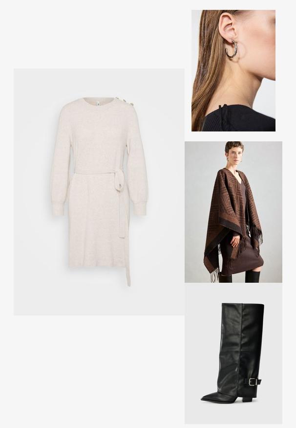 Rudas raštuotas puko su franjomis, pagamintas iš minkštos medžiagos. Uždėtas ant raukšlėto rudo suknelės, kuriai būdingas gilaus V formos iškirptė ir prigludęs siluetas.; Smėlinis mezginys su apvaliu iškirpimu, ilgomis pūstuvių rankovėmis, juosmens raišteliu ir šonine išpjova. Papuoštas dekoratyviniais mygtukais ant peties.; Juodų odinių kulkšninių batų su smailiu pirštu, lygia tekstūra ir sidabriniu sagties akcentu šone. Masyvūs kvadratiniai kulniukai.; Sidabrinė lankinė auskarai su poliruotu paviršiumi, turintys mažus auksinius akcentus ir apvalią formą, dėvimi ant ausies kaušelio.