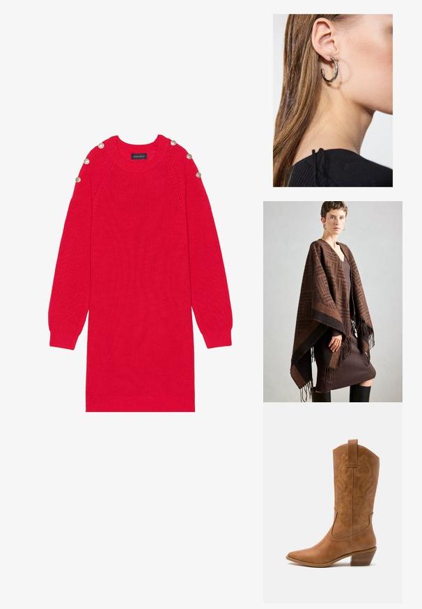 Barna mintás poncsó rojttal, puha anyagból készült. Egy bordázott barna ruhára van ráterítve, amely mély V-nyakkal és testhez simuló fazonnal rendelkezik.; Piros kötött pulóverruha hosszú ujjakkal, bordás mandzsettával és vállgombokkal. Kerek nyakú és laza szabású.; Barna bőr cowboy csizma hegyes orral, hímzett örvény mintákkal a szárán, és stílusos, réteges blokk sarokkal. Kihúzó füle segíti a könnyű felhúzást.; Ez egy ezüst fülbevaló, sima felülettel, amelyen apró arany díszítőelemek találhatók. Kerek formájú és a fülcimpán viselik.